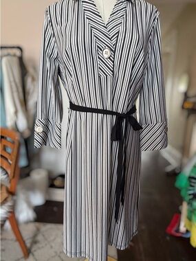 Mlle Gabrielle Black and White Striped Belted Shirt Dress